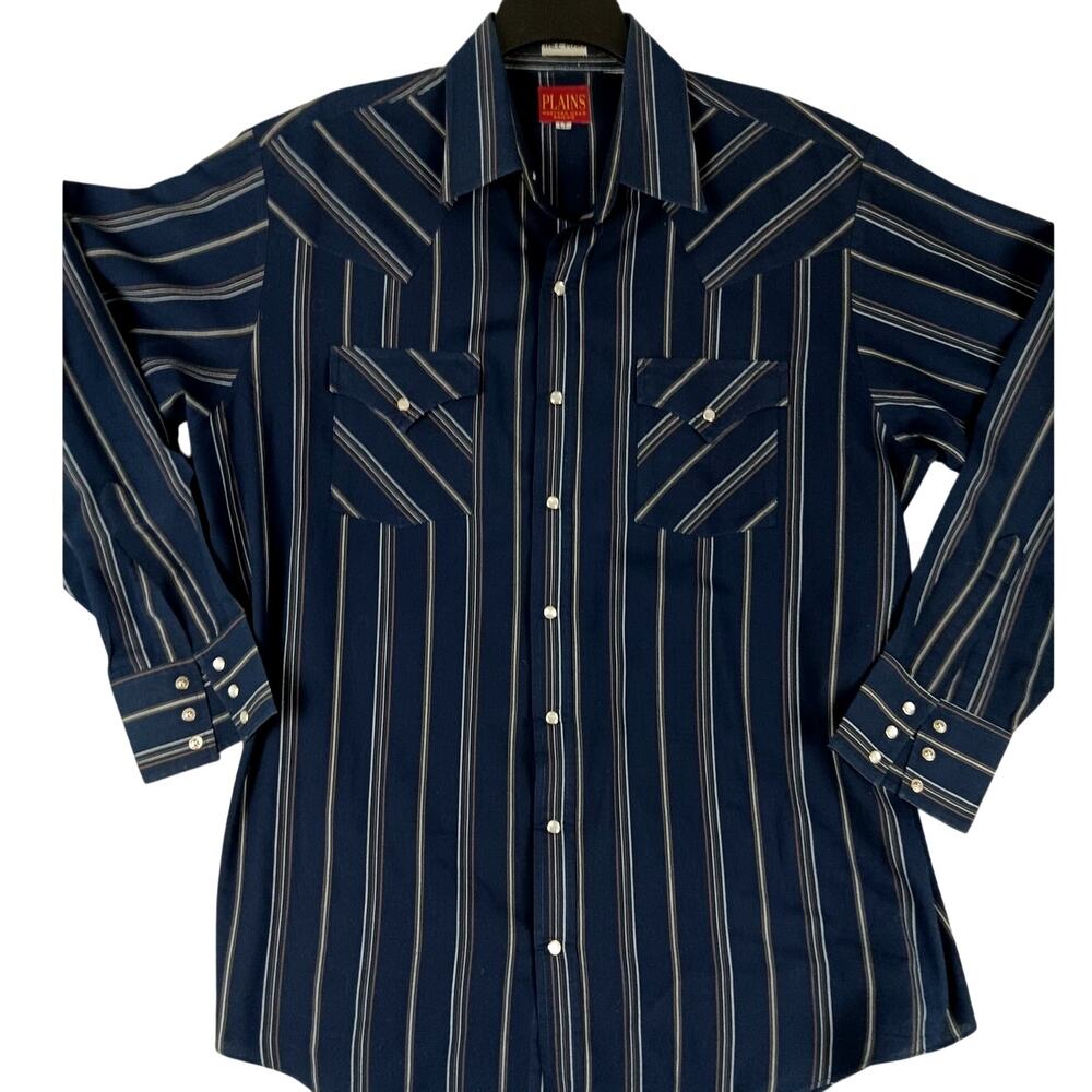 Vintage Plains Western Wear Shirt Men Large Tall Blue Stripped Cowboy Rockabilly